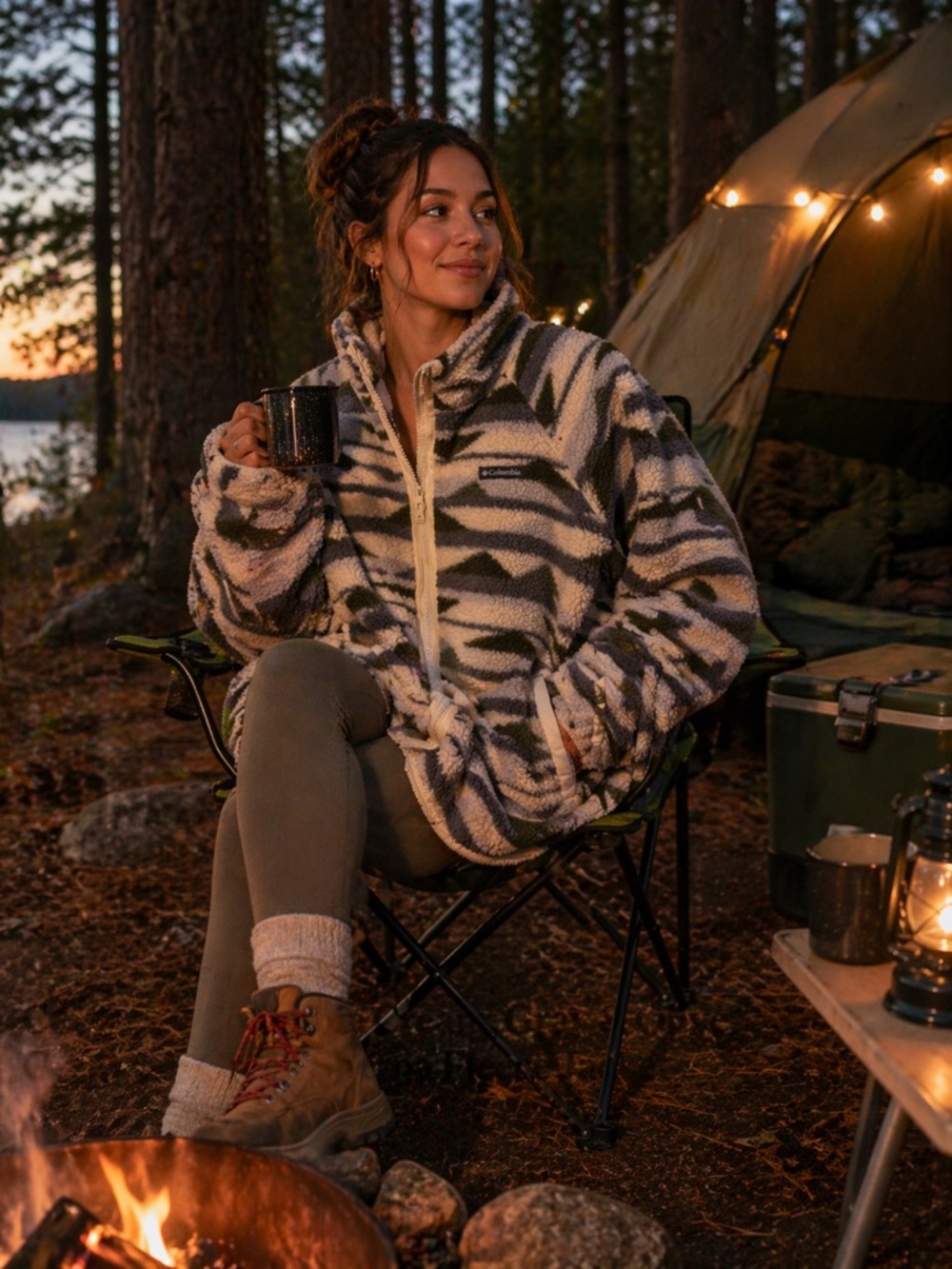 Columbia Cream, Gray & Olive Green Sherpa Fleece Jacket